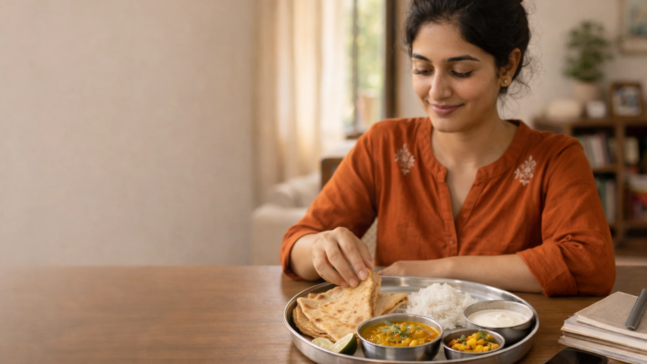 Balanced Indian meal with roti rice dal and vegetables representing a sustainable Indian diet without dieting