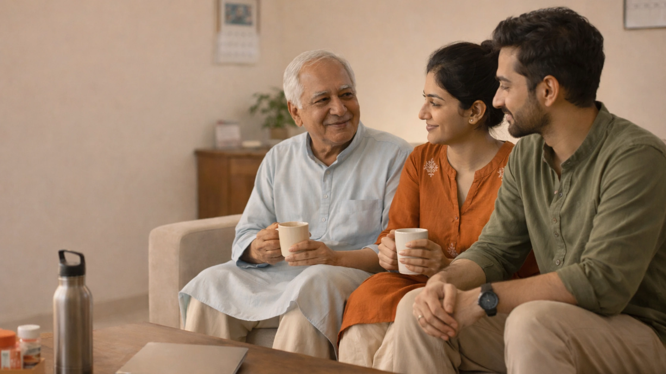 Indian family discussing health together at home showing shared responsibility in family health tracking and support