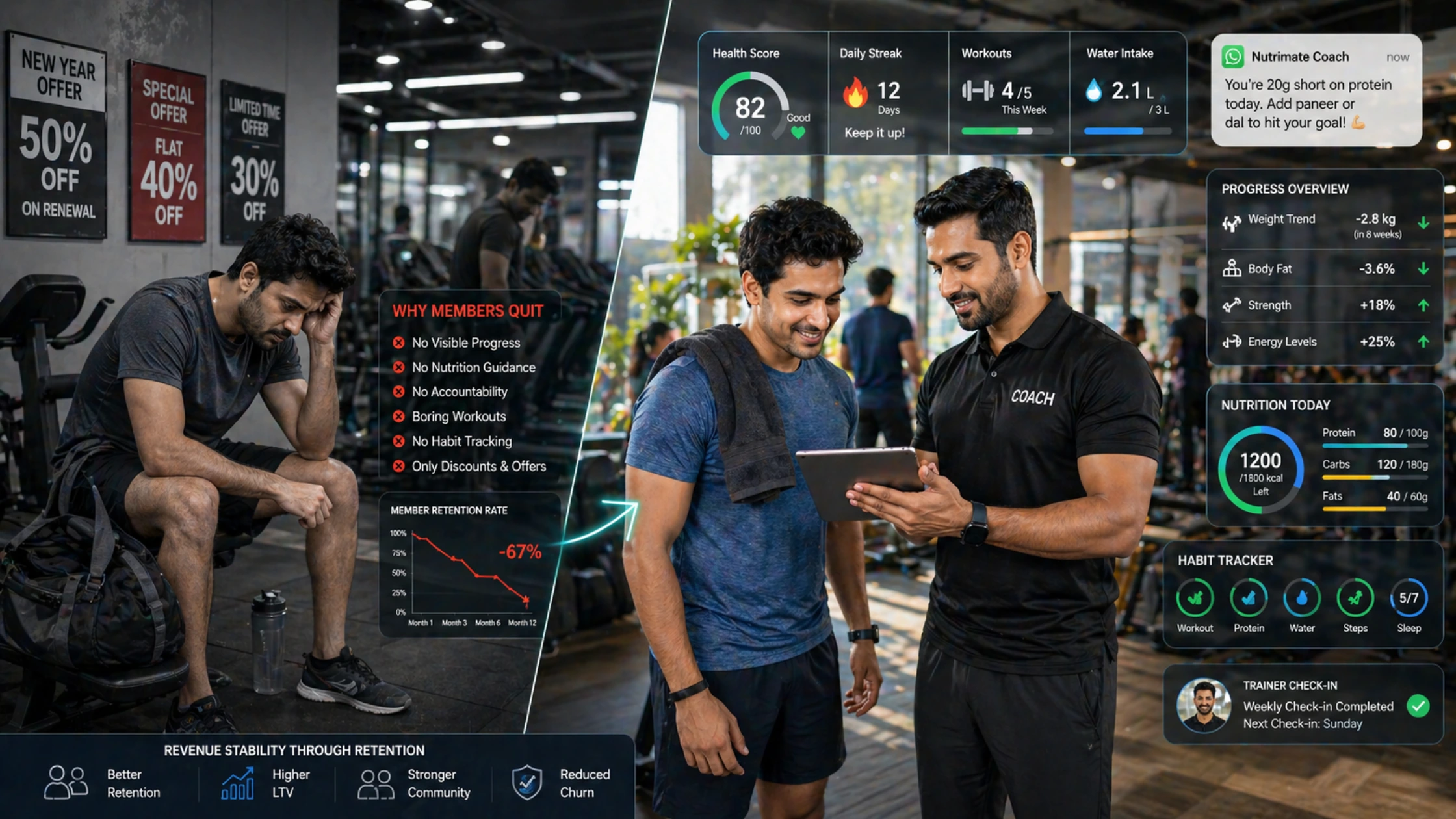 Indian gym member losing motivation due to unclear progress while trainer uses digital nutrition and habit tracking dashboard for retention