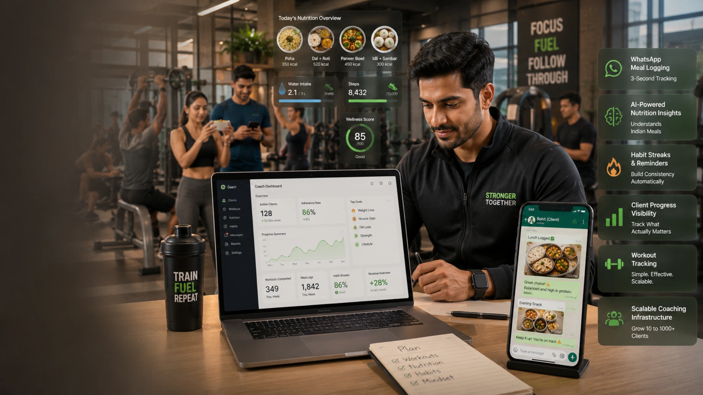 Indian personal trainer using fitness coaching software dashboard with nutrition tracking and client management tools