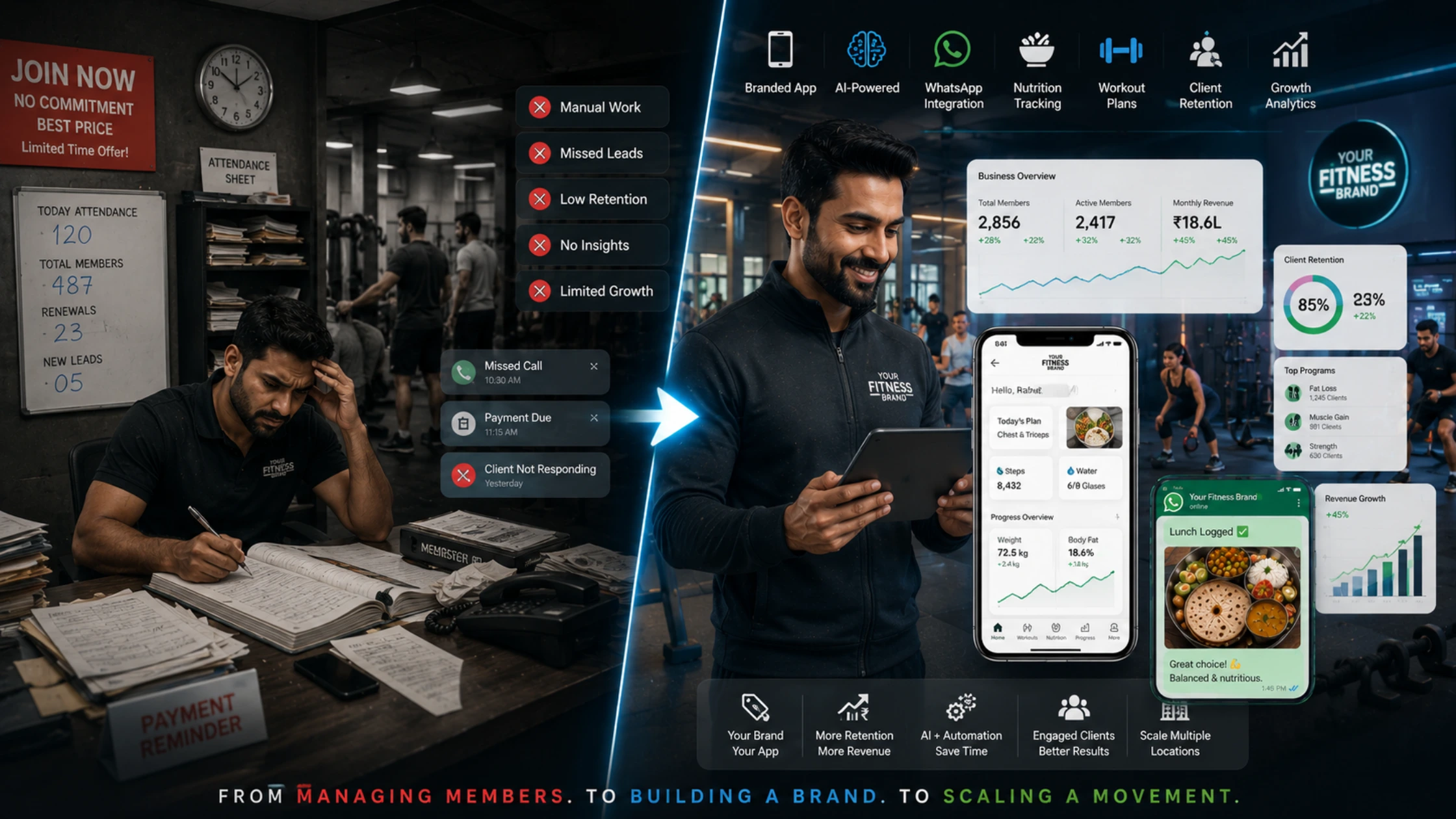 Indian gym owners and fitness trainers using a white label fitness app platform with AI dashboard, WhatsApp integration, nutrition tracking, and client engagement tools