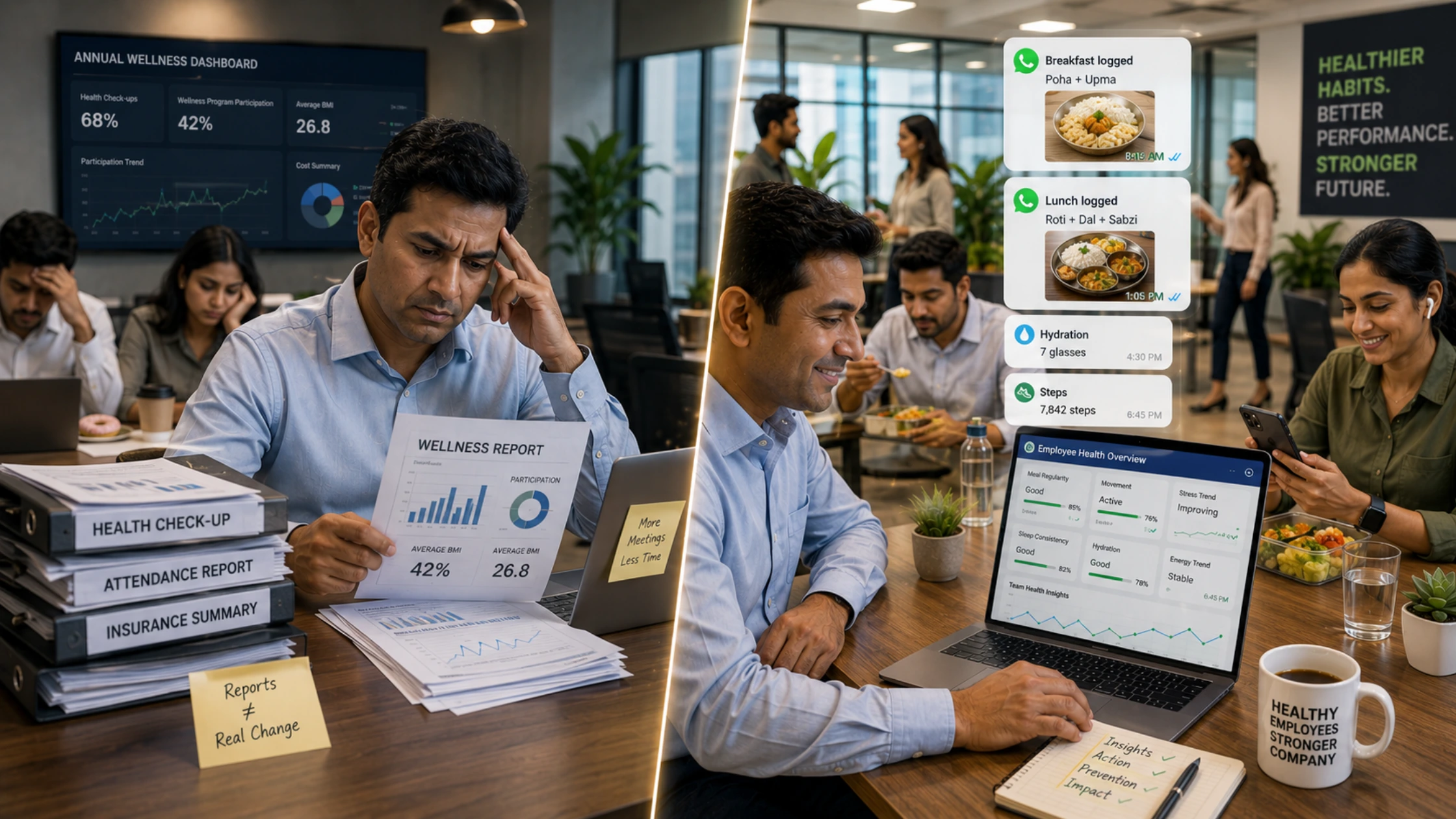 HR team using employee health tracking solutions dashboard to monitor workplace wellness, nutrition, and preventive health habits in India