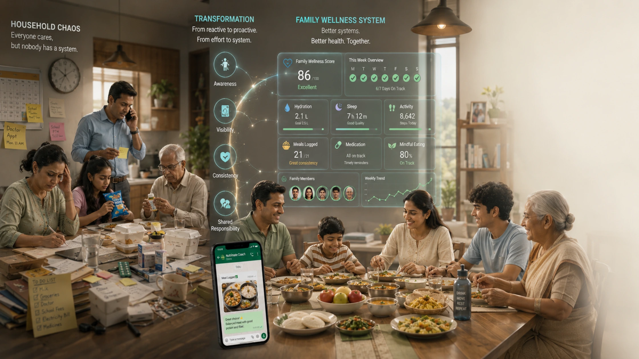 Indian family using a wellness system for nutrition tracking, healthy habits, preventive healthcare, and family health management