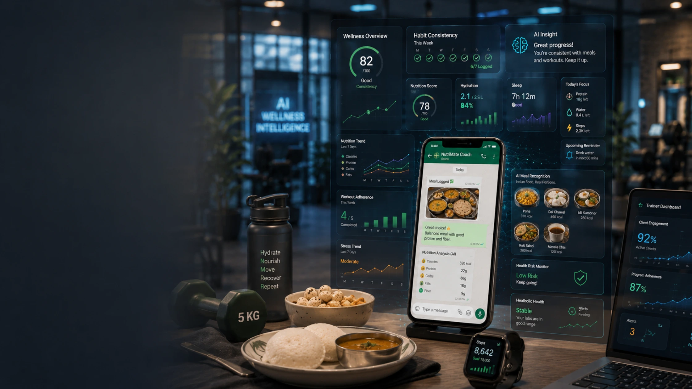 Indian fitness trainer and gym members using AI-powered wellness and nutrition tracking technology in a modern gym environment