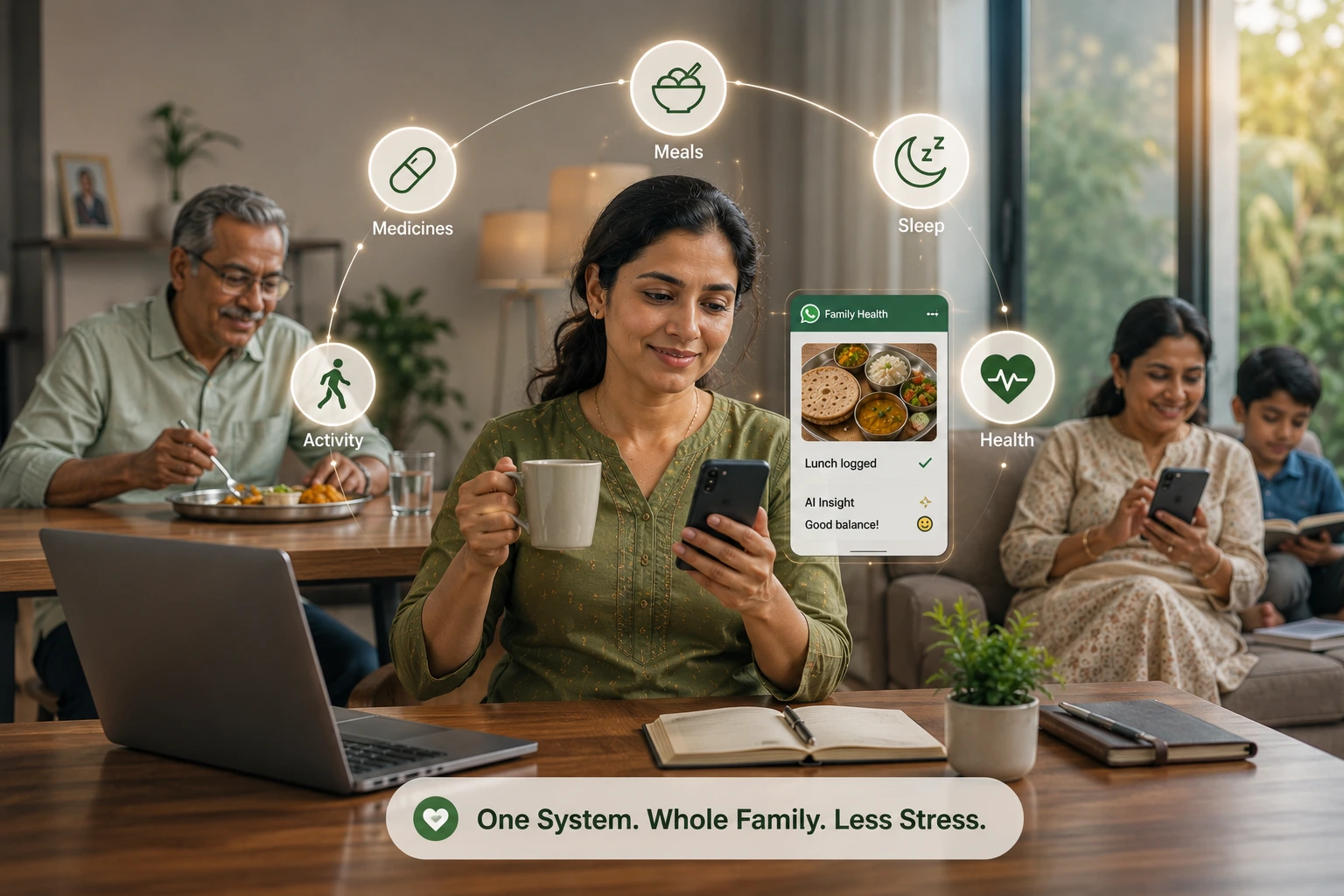 Indian caregiver managing parent and family health with simple daily tracking system to reduce caregiver burnout and improve family wellness