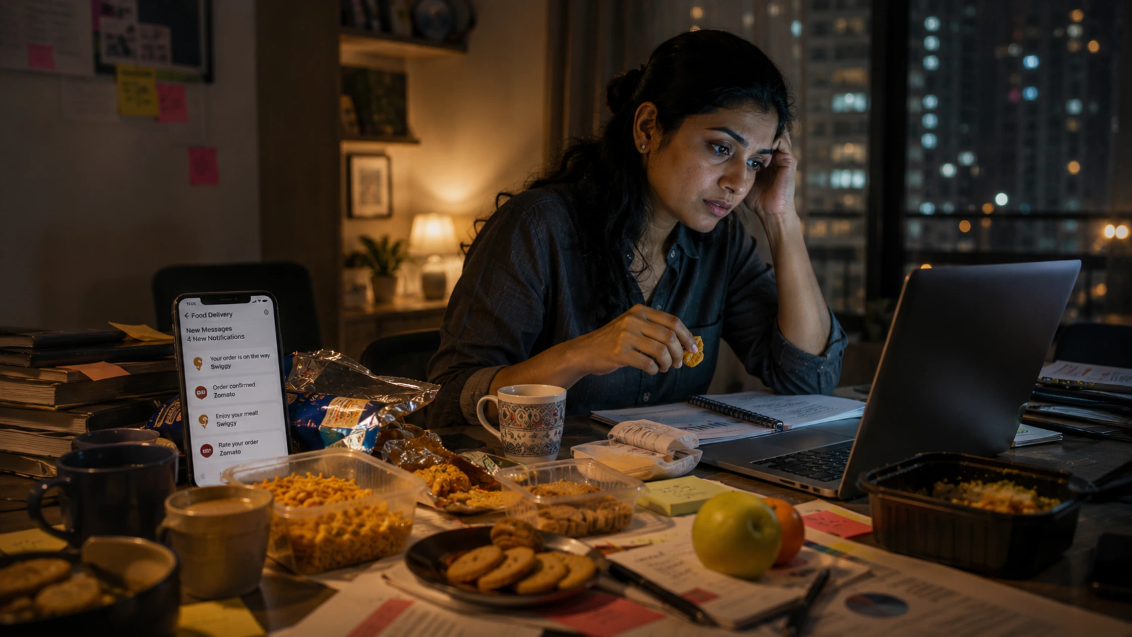 Indian office worker stress eating snacks and sugary chai during late-night work while tracking healthy eating habits