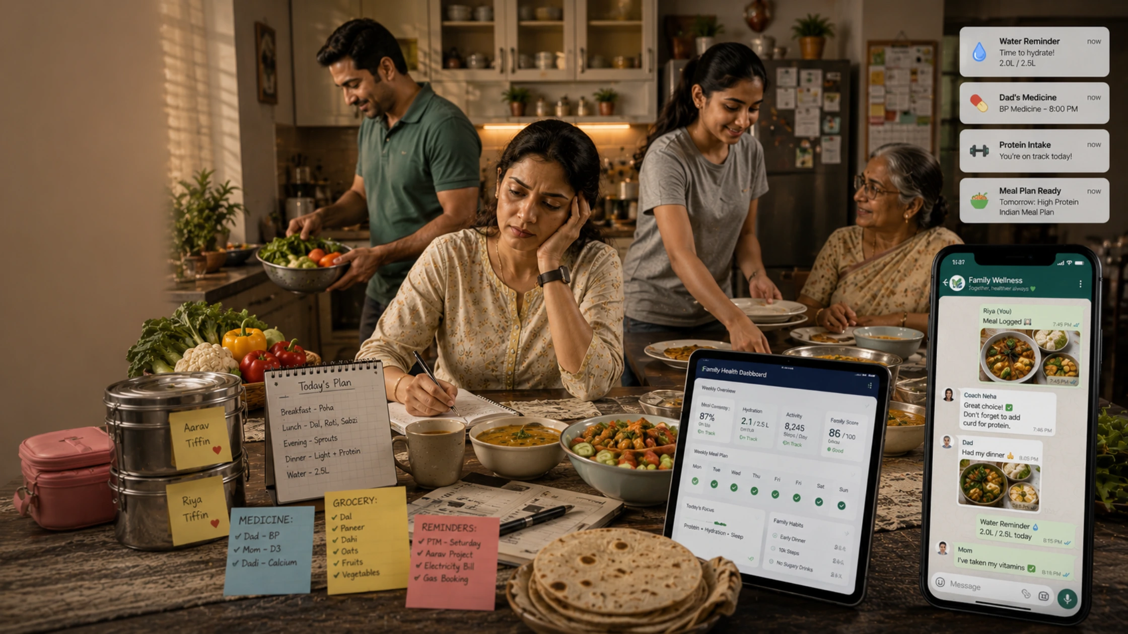 Indian family planning healthy meals together using a shared nutrition tracking system at home