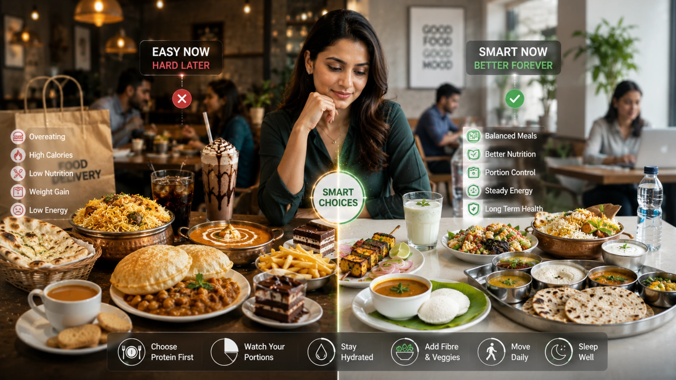 Healthy eating outside home India guide showing smart Indian restaurant choices, office lunch options, Swiggy meal decisions, and sustainable weight management habits