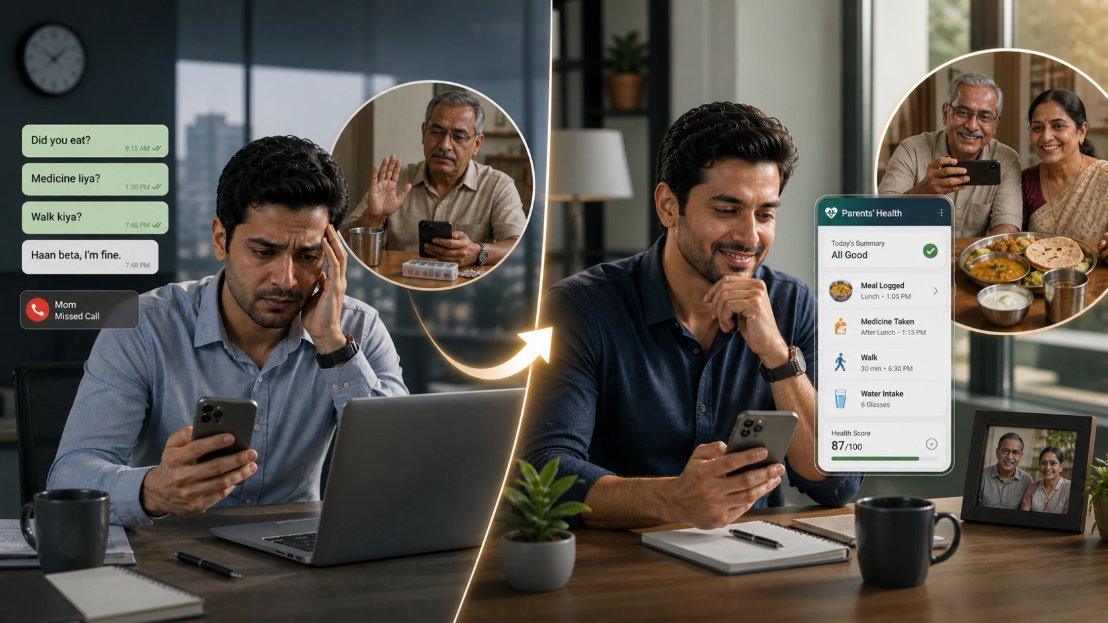 Working adult remotely monitoring elderly parents’ meals and daily health habits through simple family health tracking systems