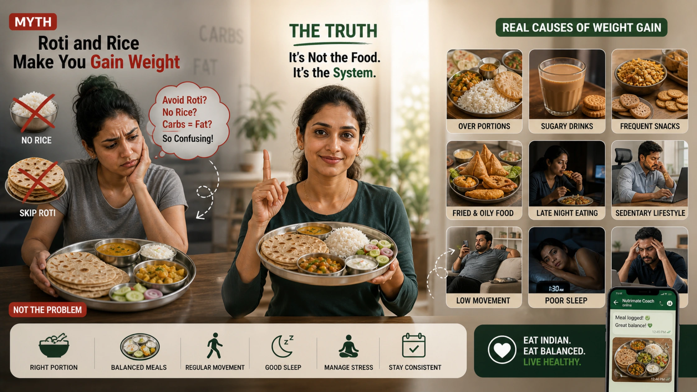 Traditional Indian meal with roti rice dal and vegetables showing balanced portions to explain the roti rice weight gain myth and healthy Indian eating habits