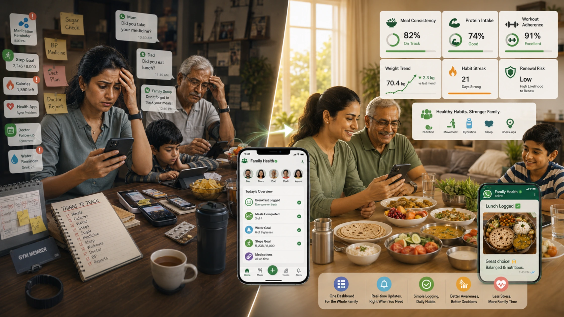 Indian family using a family health tracking app for healthy family habits, parent wellness, meal tracking, and stress free living