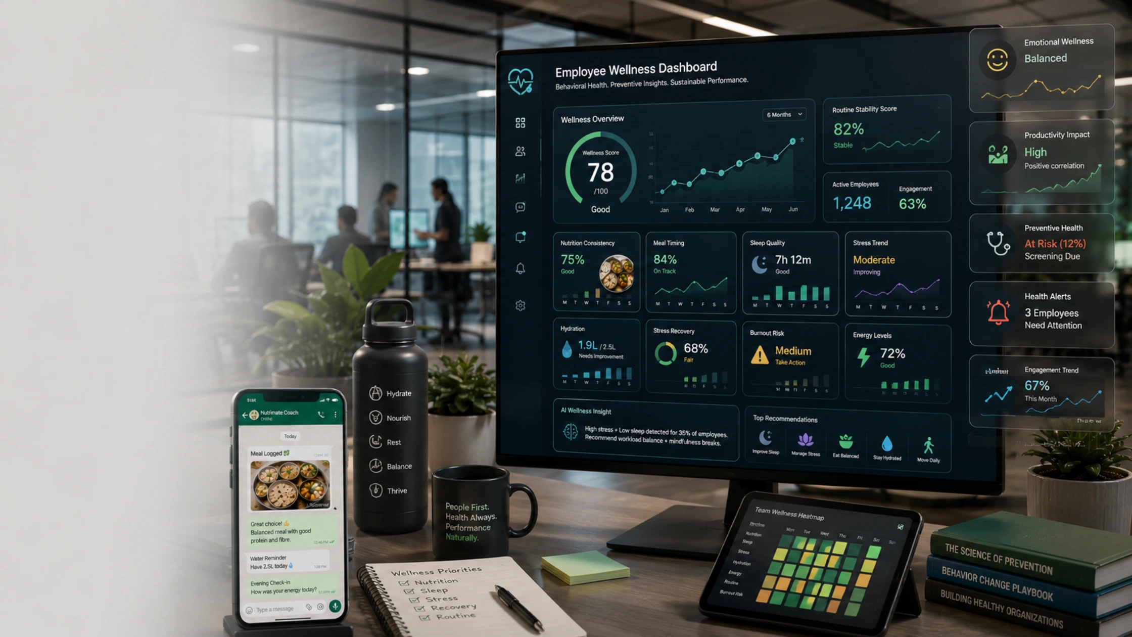 Corporate wellness dashboard showing employee nutrition, stress, sleep, and health tracking insights in an Indian office environment