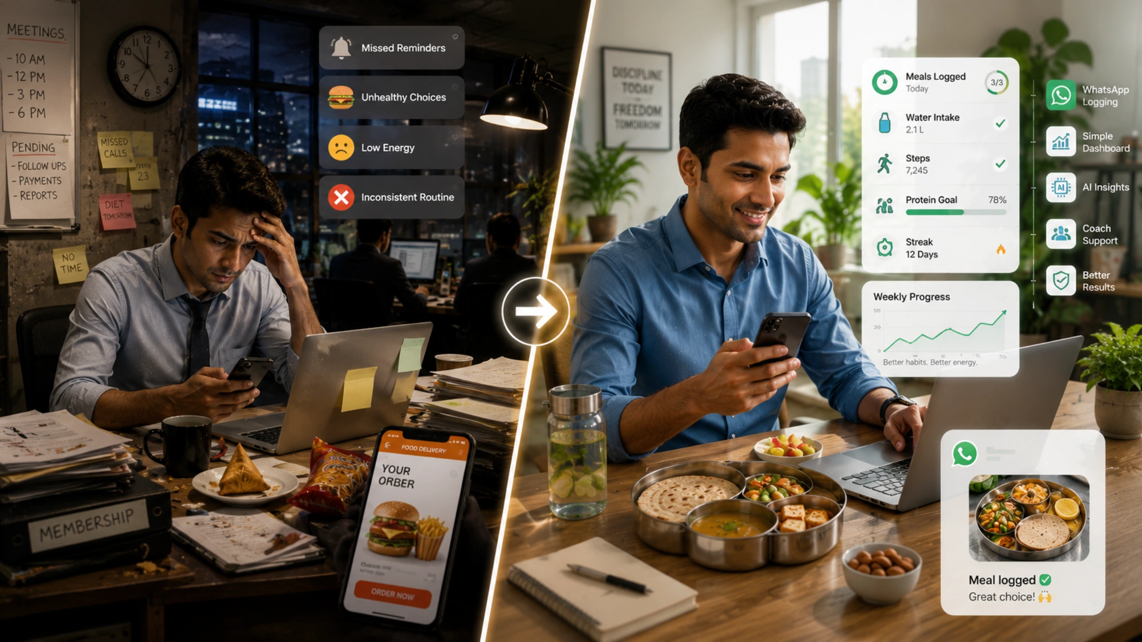 Indian diet for busy professionals managing office meals, chai breaks, food delivery, and healthy eating habits during full-time work life