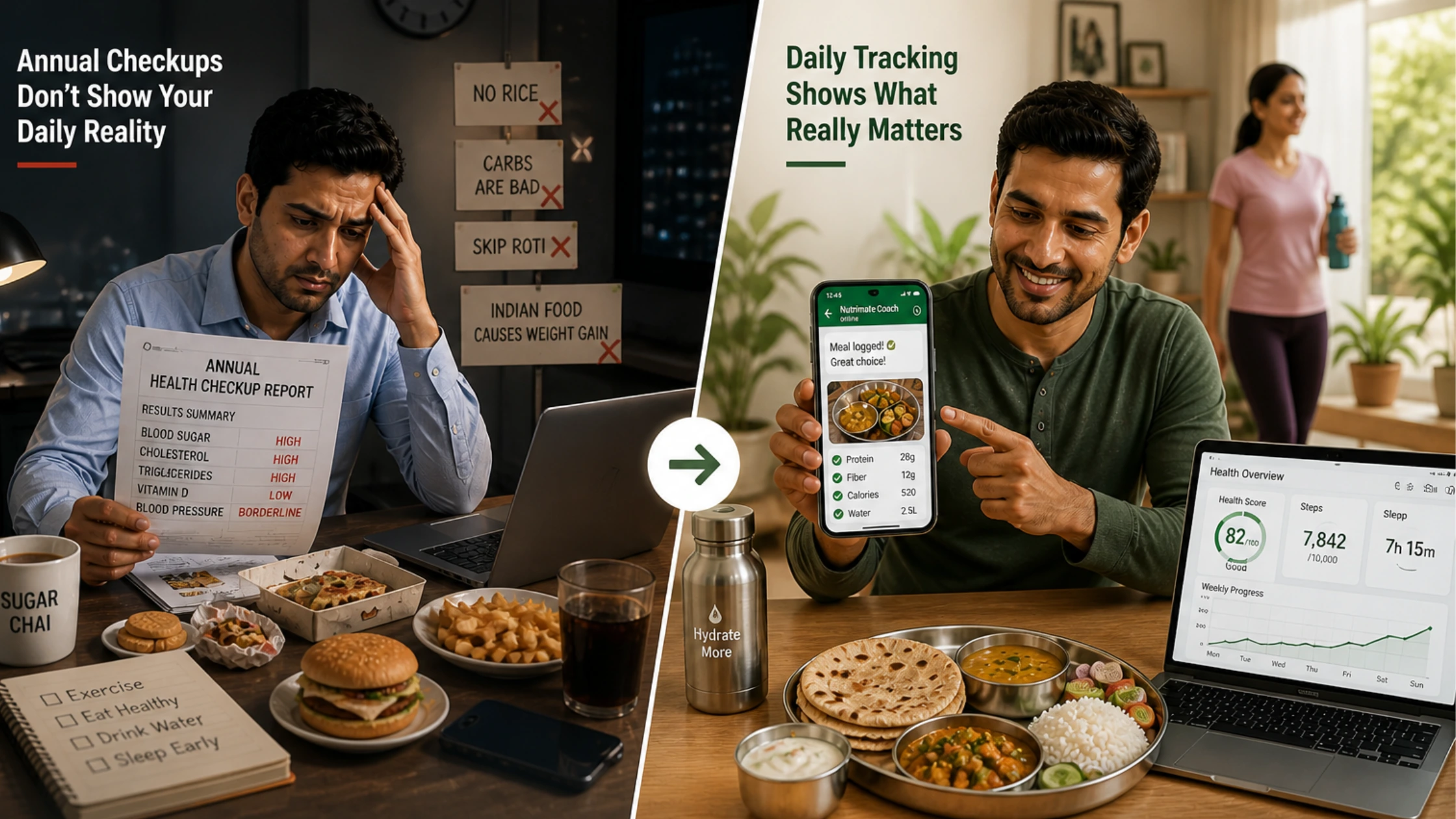 Indian professional tracking daily meals, sleep, and preventive health habits using simple health monitoring tools for early disease prevention