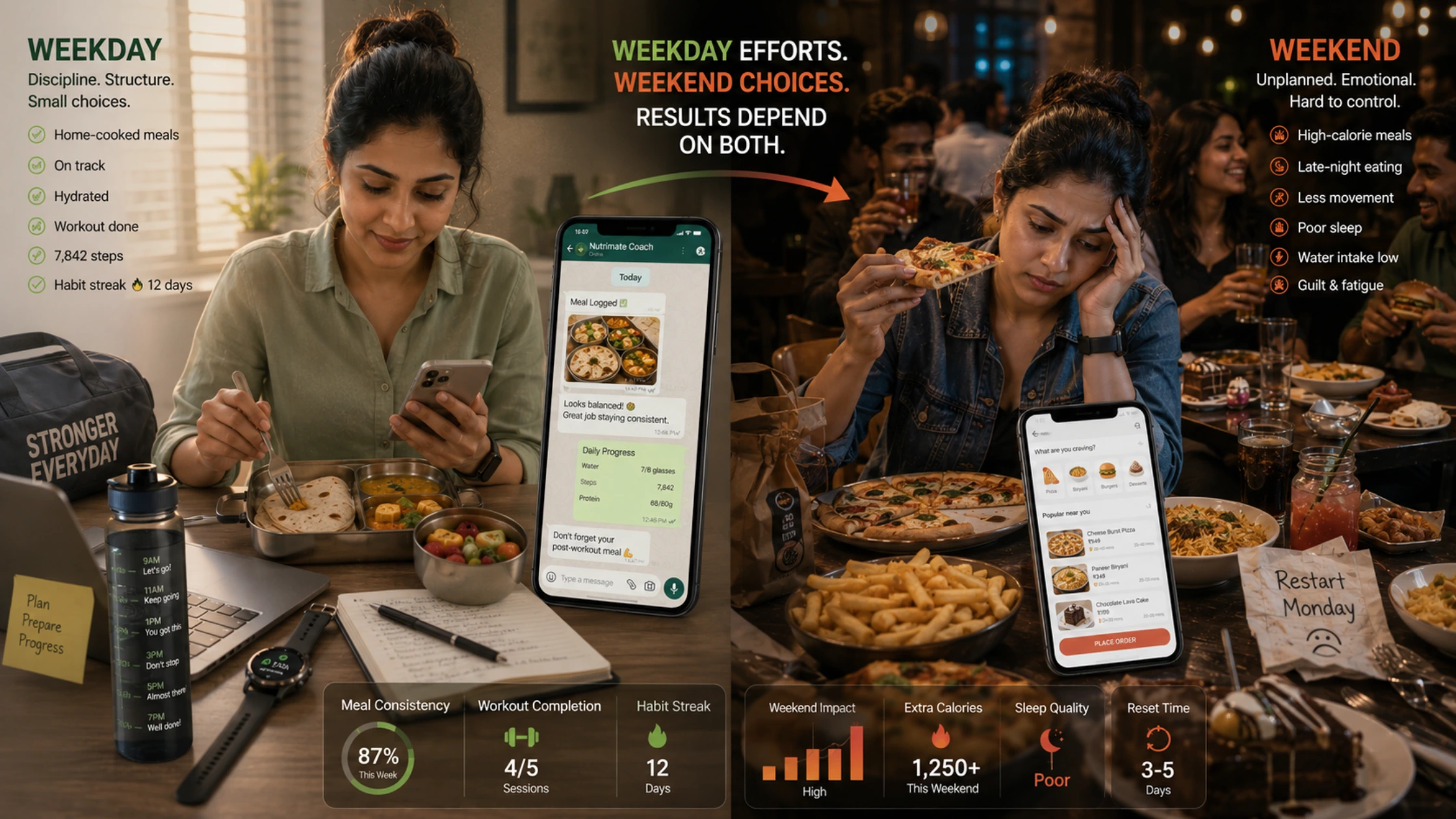 Indian professionals eating outside on weekends while tracking healthy eating habits and nutrition balance
