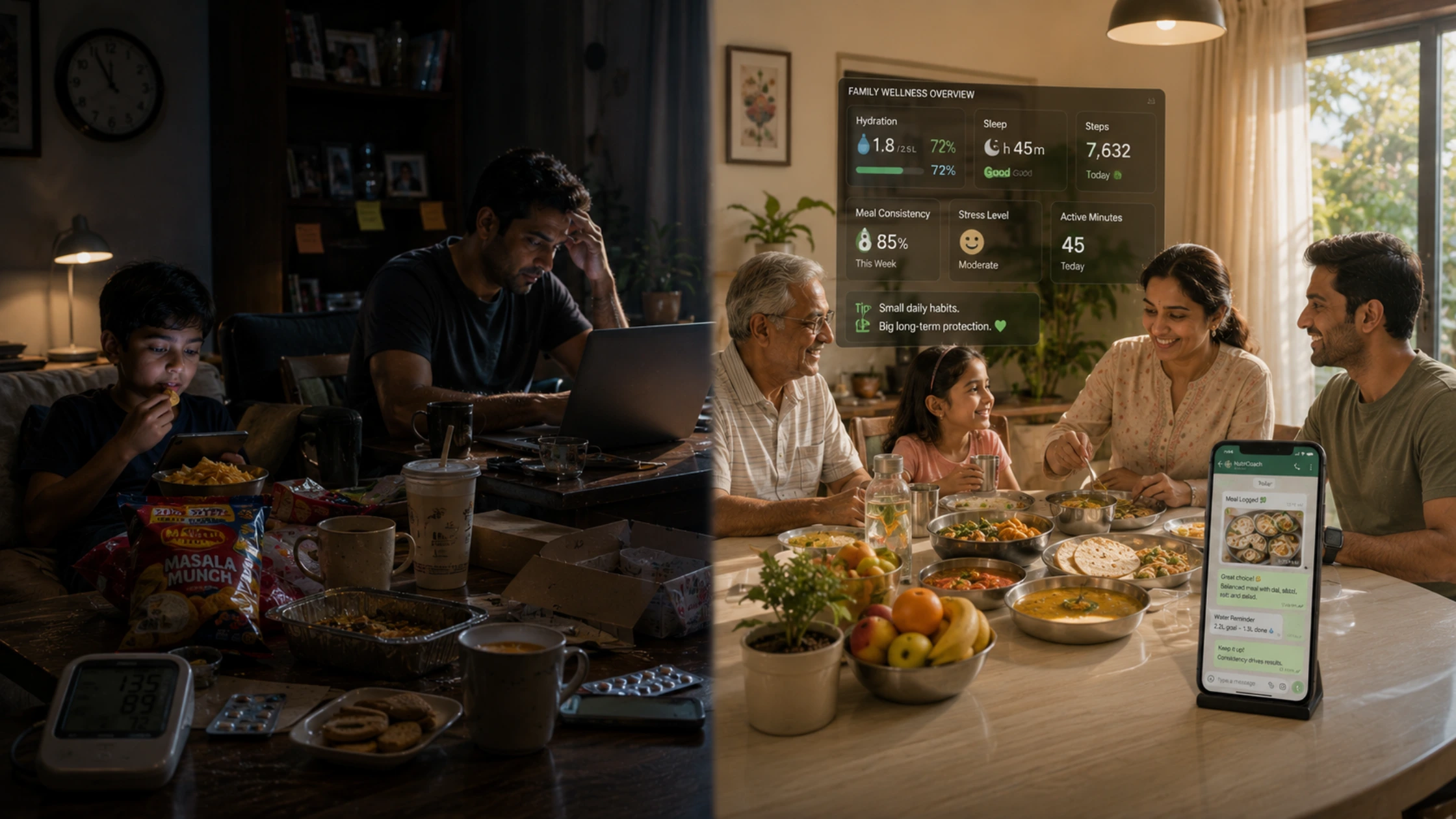 Indian family eating dinner together while discussing healthy routines and preventive health habits at home