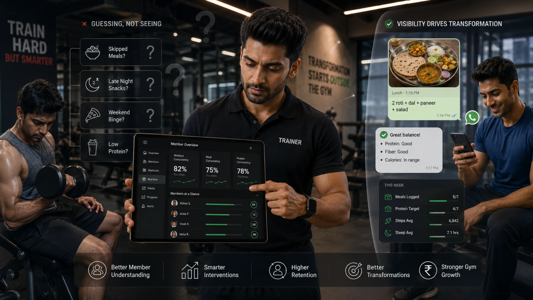 Indian gym trainer using a trainer nutrition tracking dashboard to monitor client meals, fitness progress, and nutrition habits for better gym member retention