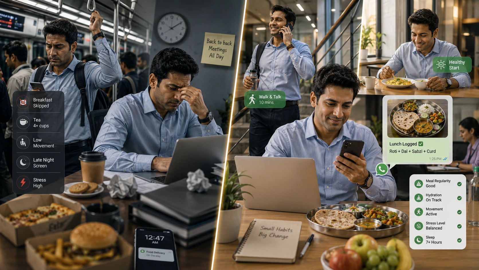 Busy Indian professional building a healthy lifestyle through simple office health habits, meal tracking, and sustainable daily wellness routines