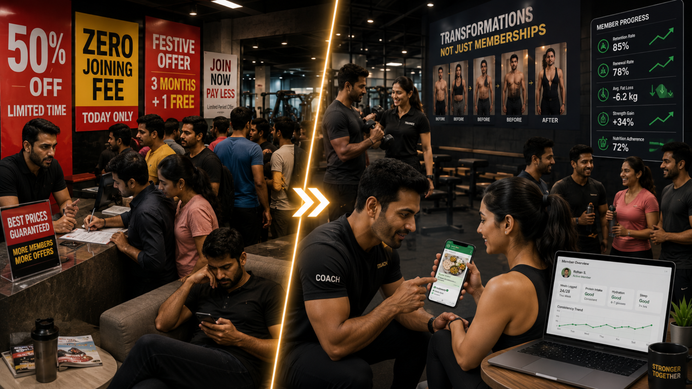 Indian gym using nutrition tracking for gym members and results-driven branding strategies to improve retention and fitness business growth