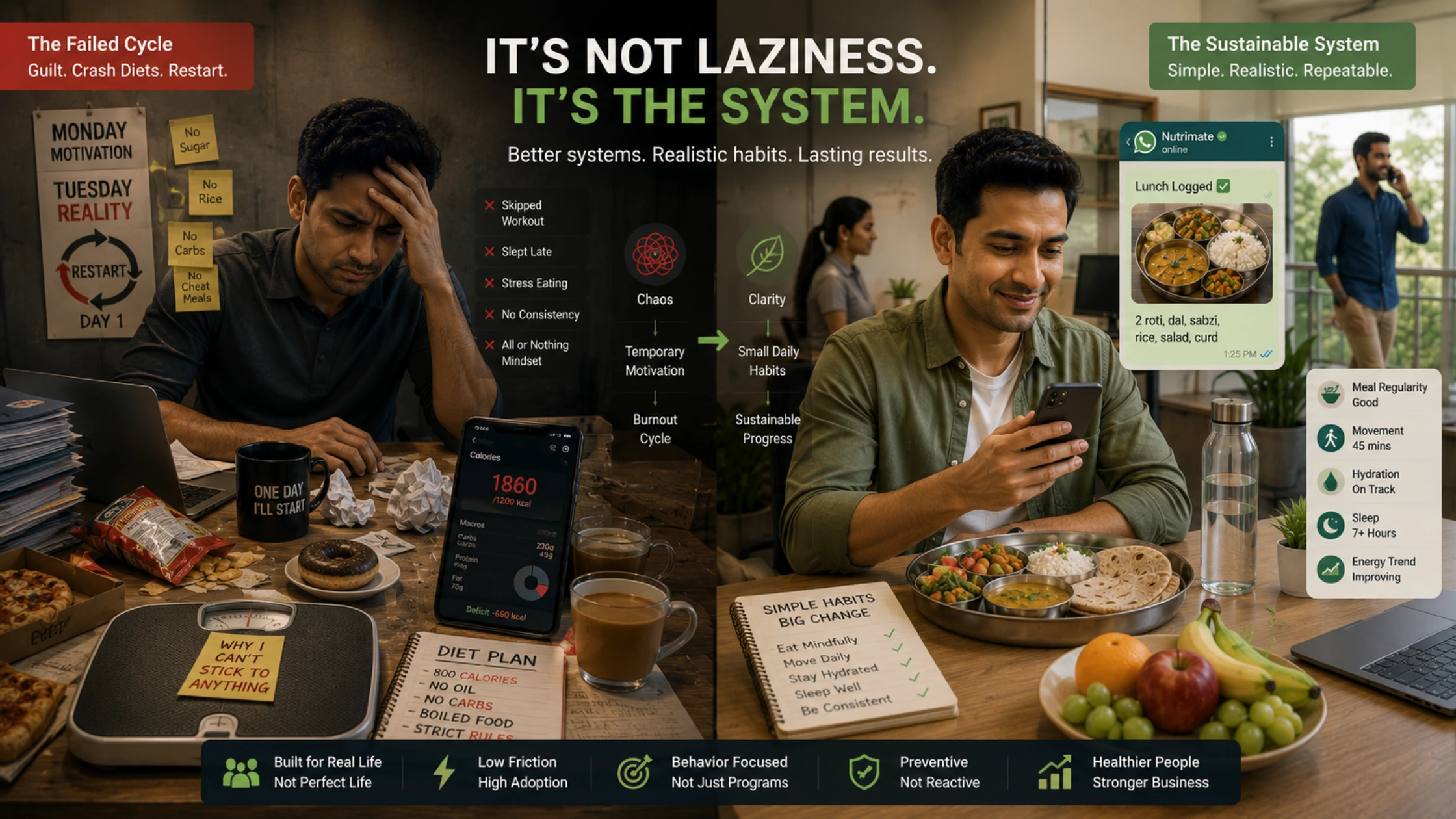 Indian professionals and families building sustainable health habits through simple meal tracking and realistic lifestyle change