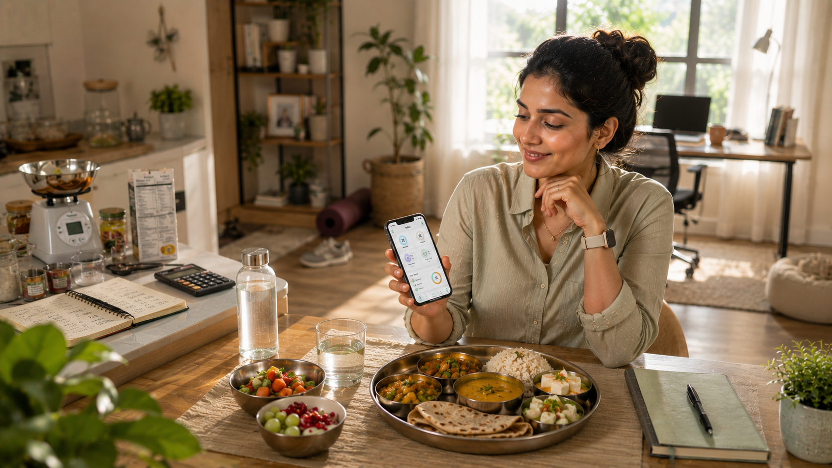 Indian woman comparing meal tracking for women and calorie counting while planning balanced daily meals.